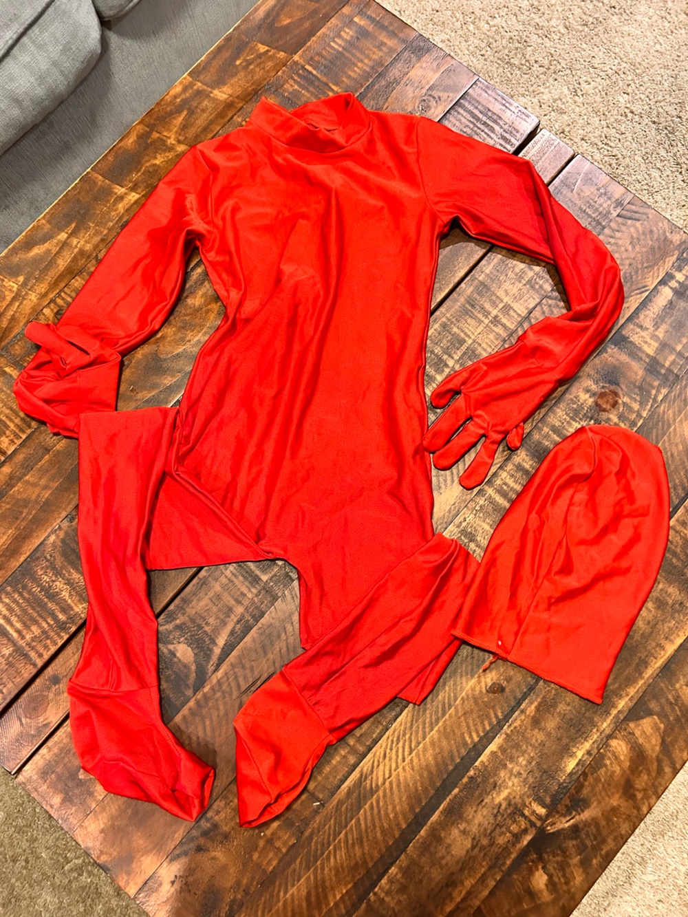 Kids Red Full-Body Halloween Costume with Hood and Gloves